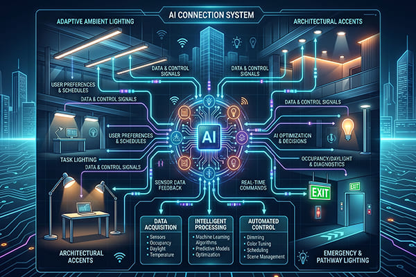 A futuristic diagram showing AI connecting with light fixtures
